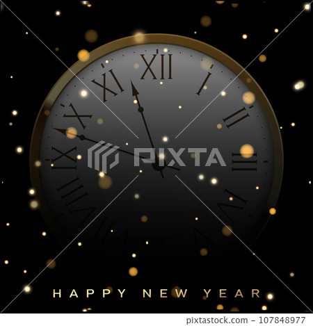 Happy New Year or Christmas card with golden clock. Vector Happy New Year or Christmas card with golden clock. Vector 107848977