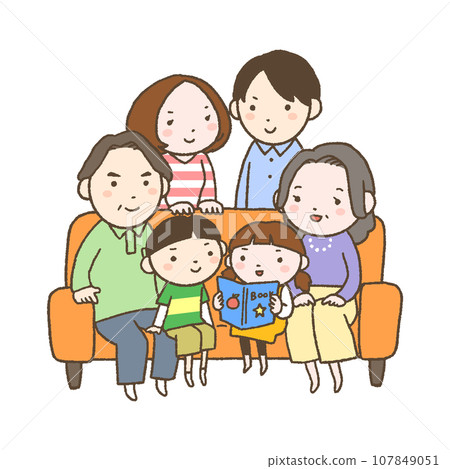 Three generations family with a smile sitting on the sofa 107849051