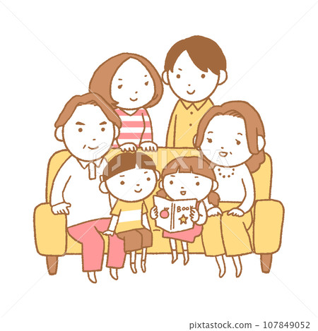 Three generations family with a smile sitting on the sofa 107849052