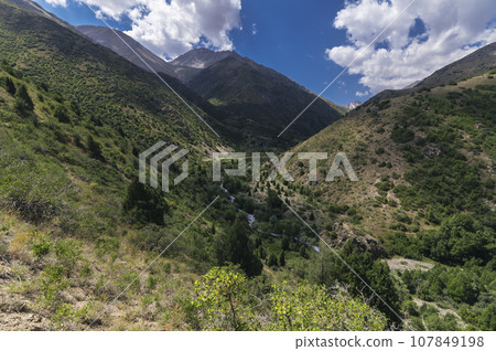 landscape with a view of a green gorge with river in mountains with a cloudy sky landscape with a view of a green gorge with river in mountains with a cloudy sky 107849198