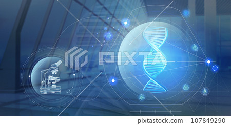Luminous DNA strands on a blue background, 3D render. 107849290