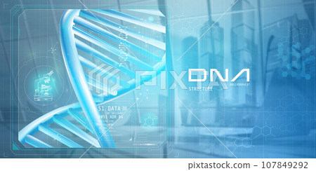 DNA helix model on a light blue background, 3D render. 107849292