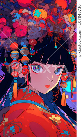 手绘卡通动漫唯美的中国古装女孩插画 107849730