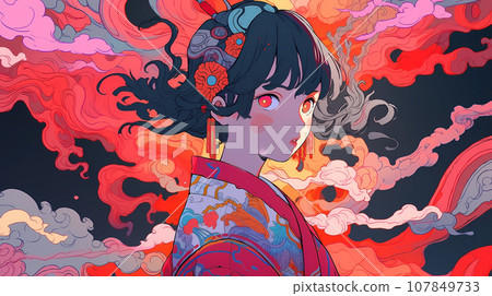 手绘卡通动漫唯美的中国古装女孩插画 107849733