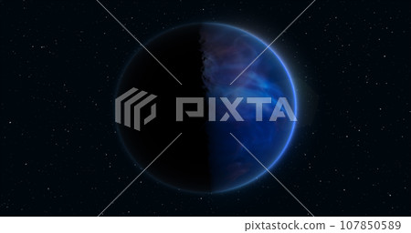 Abstract realistic space spinning planet round sphere with a blue water surface in space against the background of stars 107850589