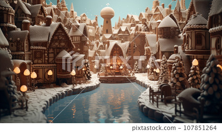 AI-generated content. Snow covered town made from gingerbread 107851264