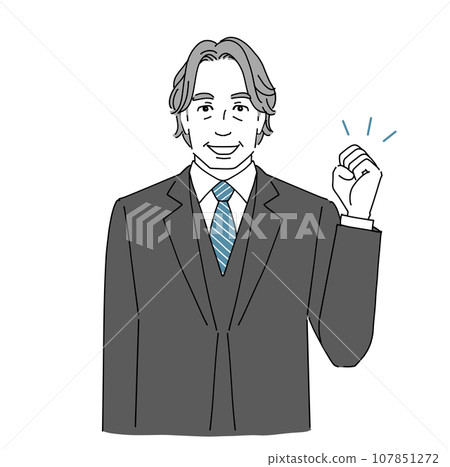A middle-aged man in a suit doing a fist pump A middle-aged man in a suit doing a fist pump 107851272