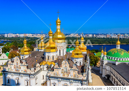 View of Kiev Pechersk Lavra (Kiev Monastery of the Caves) and the Dnieper river in Ukraine. View from Great Lavra Bell Tower View of Kiev Pechersk Lavra (Kiev Monastery of the Caves) and the Dnieper river in Ukraine. View from Great Lavra Bell Tower 107851514