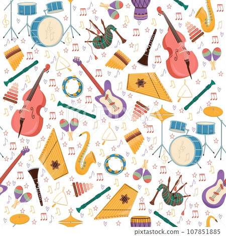 Seamless pattern with musical instruments. Orchestra accessory. Violin and drums. Decor textile, wrapping paper, wallpaper design. Print for fabric. Cartoon flat isolated vector concept 107851885