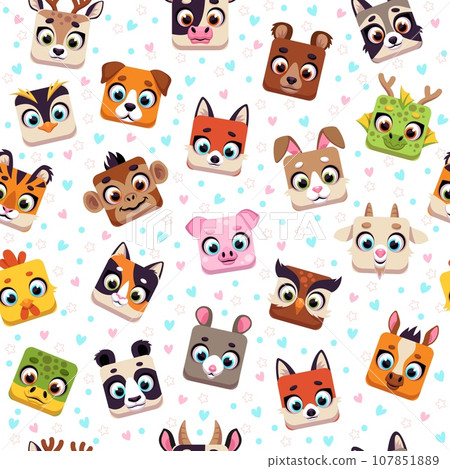Seamless pattern with animals. Wildlife and domestic square characters. Childish textile, wrapping paper, wallpaper design. Print for fabric. Cartoon flat style isolated vector concept 107851889