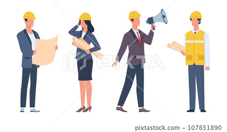 Recruitment of engineers, builders, architects and surveyors. Human resources service, worker professionals in helmets, job vacancies for construction. Cartoon flat isolated vector concept 107851890