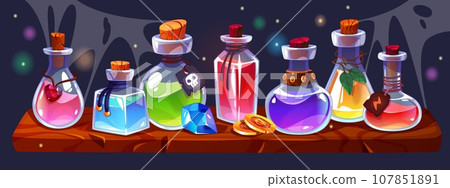 Potion bottles on wooden shelf. Alchemist or witch magic elixirs in different glass jars, gui inventory elements, game witchcraft liquids, gem stone and golden coin on table. Tidy vector concept 107851891