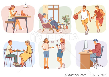Introverted and extraverted people. Persons do favorite things, closeness, sociability, distancing, outward, inward orientation men and women, cartoon flat style isolated vector set 107851903