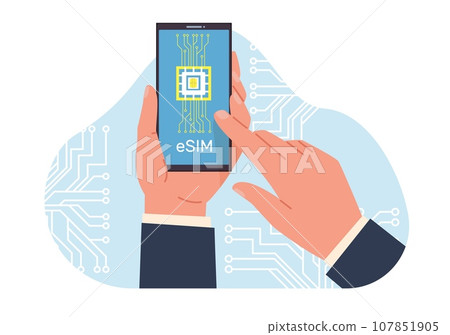 Hands holding cell phone with an eSIM chip. Embedded sim card on smartphone. New digital technology. Cellphone with integrated circuit card. Cartoon flat style isolated vector concept 107851905