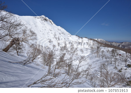 View of the summit, eastern slope, and Bozunuma evacuation hut from the south ridge of Mt. Koshi Asahidake View of the summit, eastern slope, and Bozunuma evacuation hut from the south ridge of Mt. Koshi Asahidake 107851913