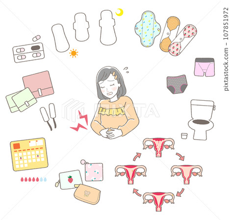 Illustration set of girls on menstruation 107851972