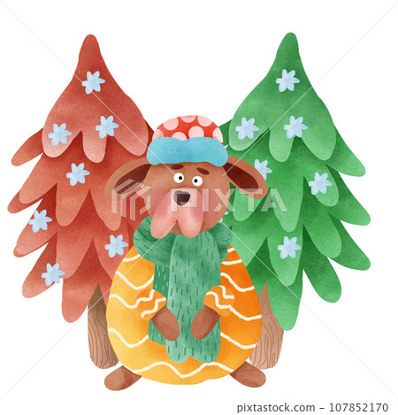 Cartoon dog character and 2 trees 107852170