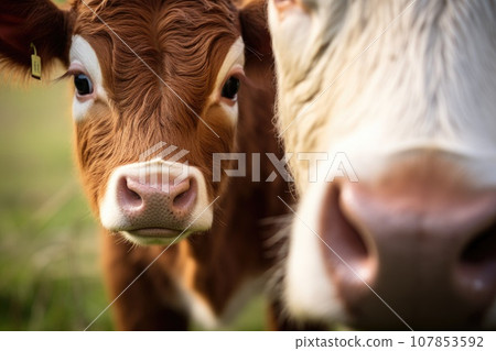 A rural scene with a cow and a calf in a green meadow 107853592