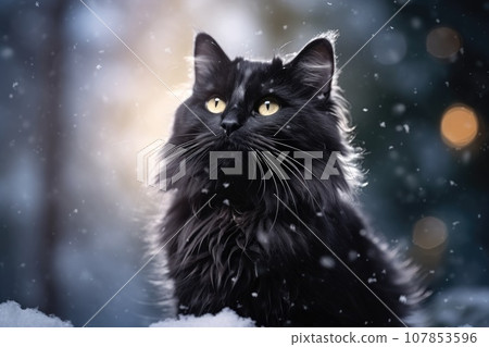 Furry black cat in winter with falling snow. 107853596