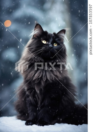 Furry black cat in winter with falling snow. Furry black cat in winter with falling snow. 107853597