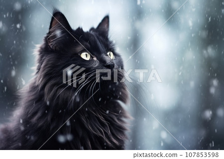 Furry black cat in winter with falling snow. 107853598