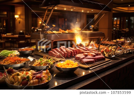 Catering buffet food indoor in restaurant with grilled meat. 107853599