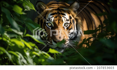 Portrait of Sumatran tiger in a jungle (Panthera tigris sumatrae) 107853603