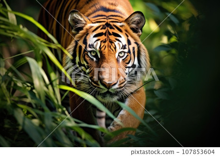 Portrait of Sumatran tiger in a jungle (Panthera tigris sumatrae) 107853604