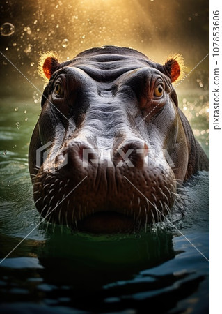 A massive hippopotamus in clear river 107853606