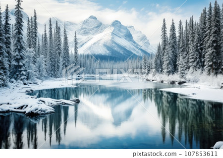 Winter landscape of snowy mountains with lake and pine trees Winter landscape of snowy mountains with lake and pine trees 107853611