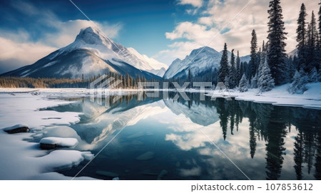 Winter landscape of snowy mountains with lake and pine trees 107853612
