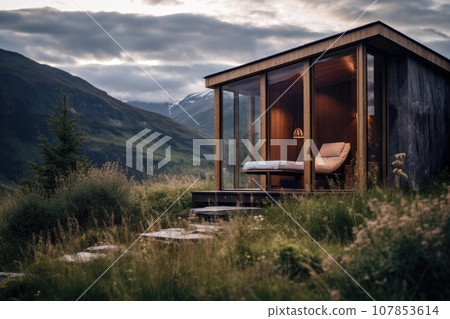 Modern wellness retreat in the mountains, wooden cabins Modern wellness retreat in the mountains, wooden cabins 107853614
