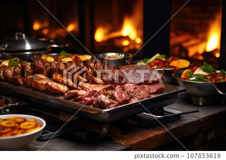 Catering buffet food indoor in restaurant with grilled meat. 107853619