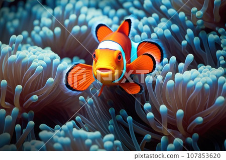 Amphiprion ocellaris clownfish and anemone in sea. 107853620