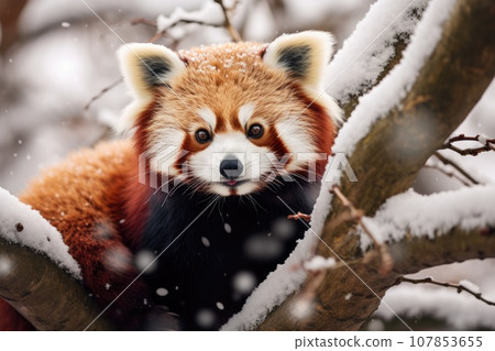 Red panda in snow covered tree Red panda in snow covered tree 107853655