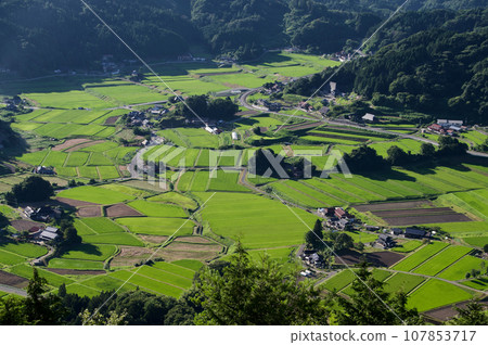 田園風光、夏季水稻、三河內的水稻梯田、三胞胎山的景色 107853717