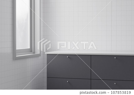 Kitchen, bathroom, white tile, sink, window frame with  sunlight coming in. 107853819