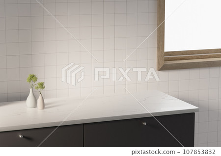 Kitchen, bathroom, white tile, sink, window frame with sunlight coming in. Kitchen, bathroom, white tile, sink, window frame with sunlight coming in. 107853832