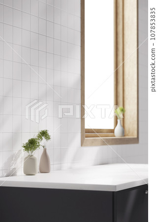 Kitchen, bathroom, white tile, sink, window frame with  sunlight coming in. 107853835