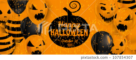 Happy Halloween banner scary pumpkins balloons 107854307