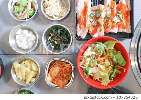 sprout salad , Korean salad and Kimchi or sewweed salad or Korean food 107854320