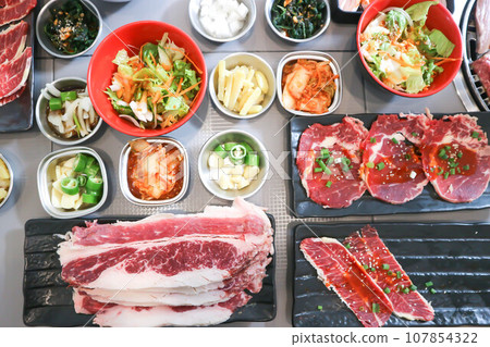raw beef , sliced beef or beef for cook and Korean salad 107854322