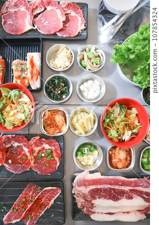 raw beef , sliced beef or beef for cook and Korean salad 107854324