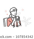 簡單的線條畫描繪了一個女人放鬆和喝熱飲的情況 107854342