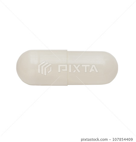 A pill of white color isolated on a white background. Close-up. Top view. 107854409