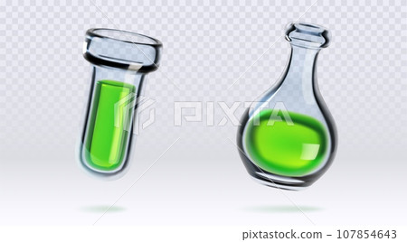Chemical lab flasks with green liquid substance 107854643