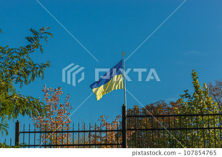 Ukrainian flag against the blue sky 107854765