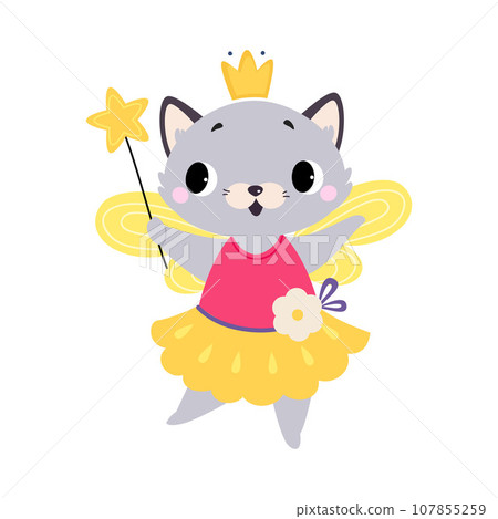 Cat Animal Fairy in Pretty Dress with Magic Wand and Wings Vector Illustration Cat Animal Fairy in Pretty Dress with Magic Wand and Wings Vector Illustration 107855259