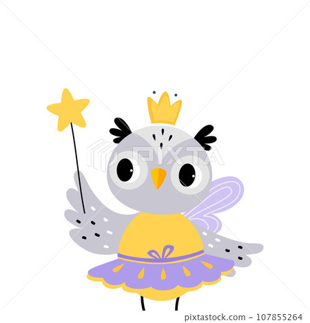 Owl Animal Fairy in Pretty Dress with Magic Wand and Wings Vector Illustration 107855264