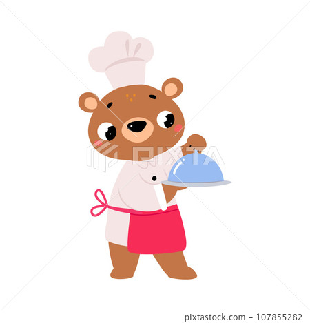 Cute Bear Chef Character in Toque Hold Tray Vector Illustration 107855282